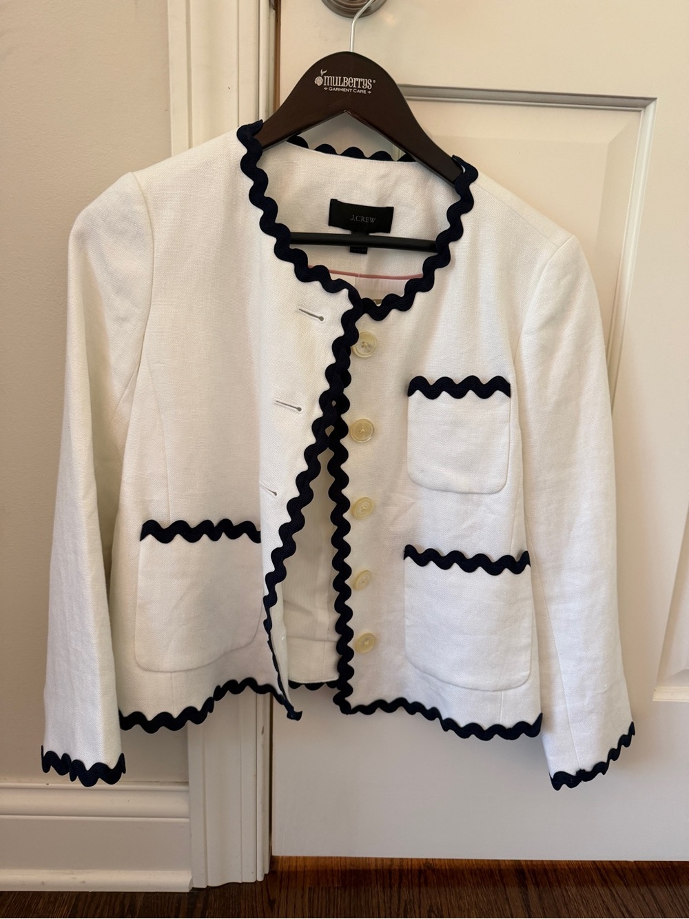 With tags J. Crew Women's White Textured Jacket with Navy Rickrack Trim